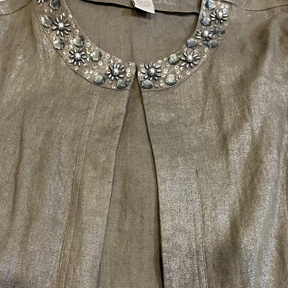 Chico’s 100% Linen Taupe Metallic Open Front Jacket Jeweled Neckline Sz S - Picture 6 of 11